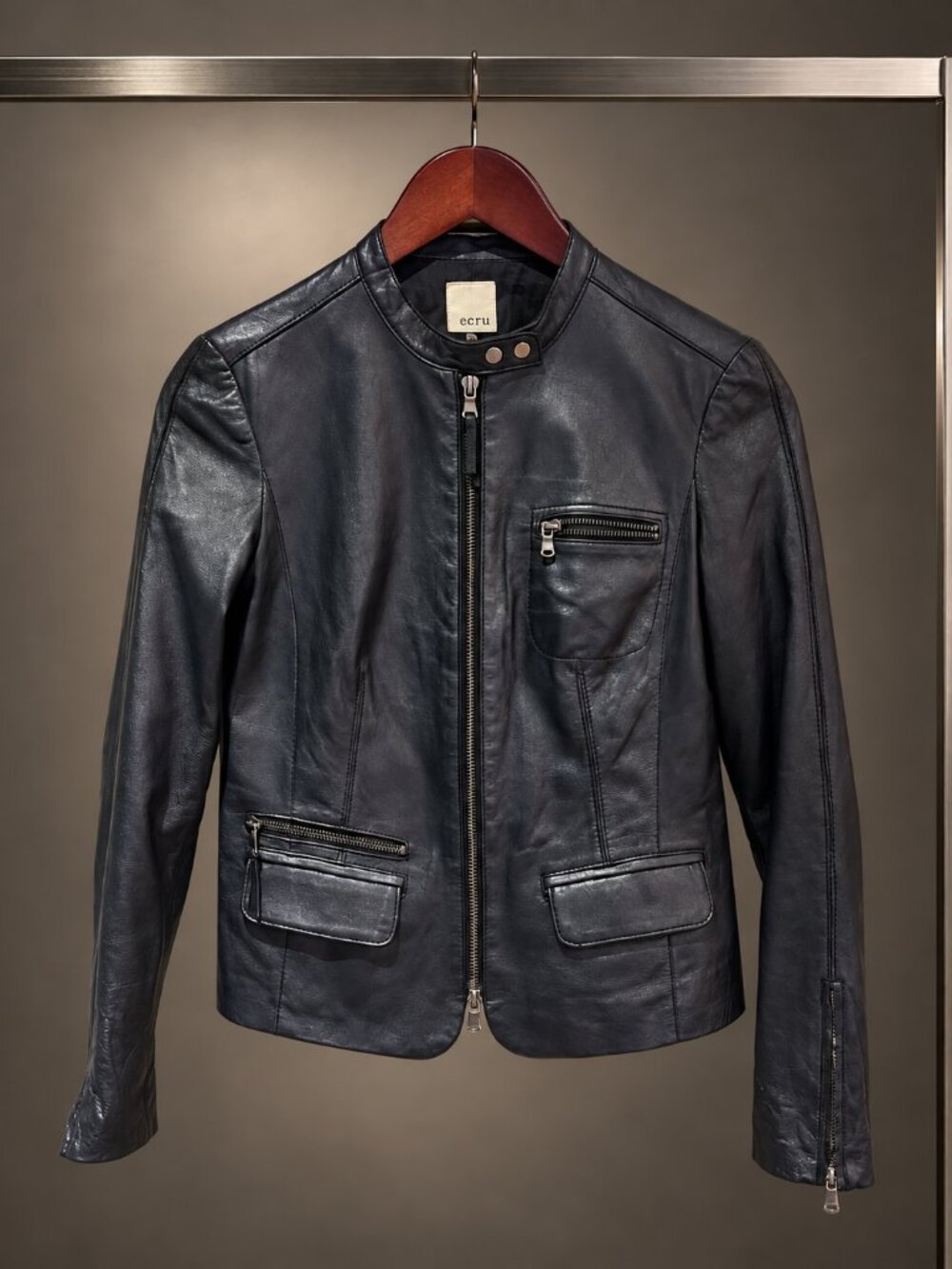 ecru Navy Leather Cafe Racer Jacket Band Collar Zip Pockets Zip Cuffs Size XS